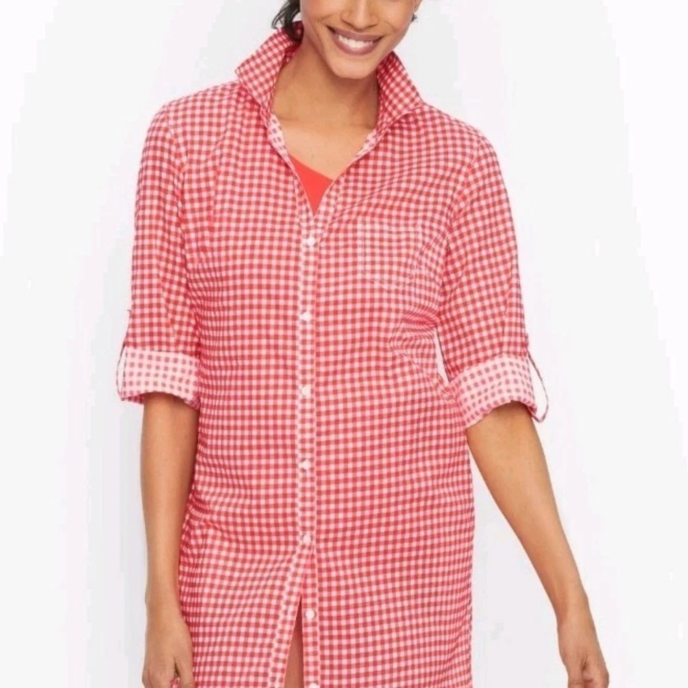 NWT Miraclesuit X Talbots Red Gingham Buttoned Shirt Swim Coverup Women’s Size S